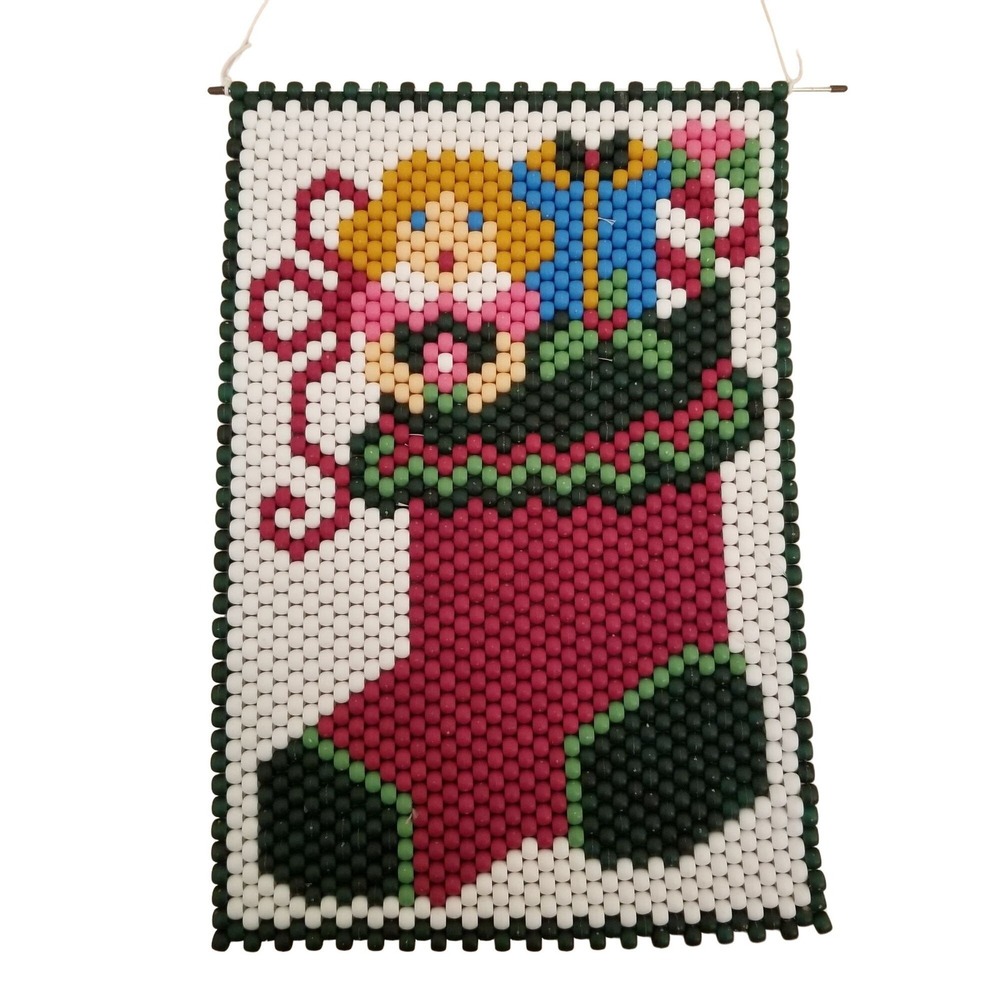 Beaded Wall Hanging Doll Present Stocking Christmas Holiday Decor Gift Retro
